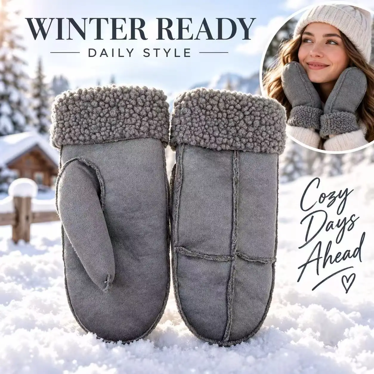 Womens Winter Grey Mittens, Cross Spliced Design Sherpa Cuff Warm Thermal Mittens, Outdoor Coldproof Hand Warmers