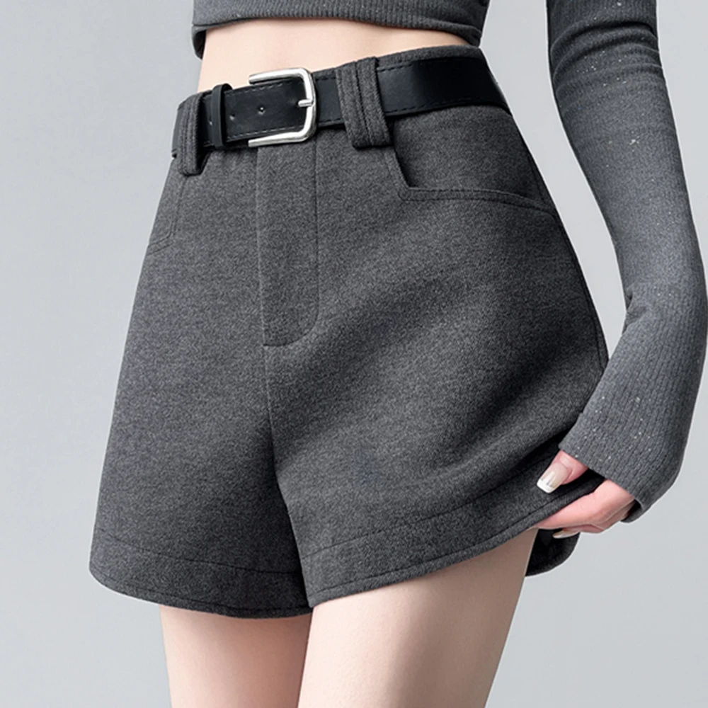 Novos shorts de lã para mulheres outono inverno olhar fino cintura alta calças de tecido de lã para outerwear inferior a linha calças de perna larga