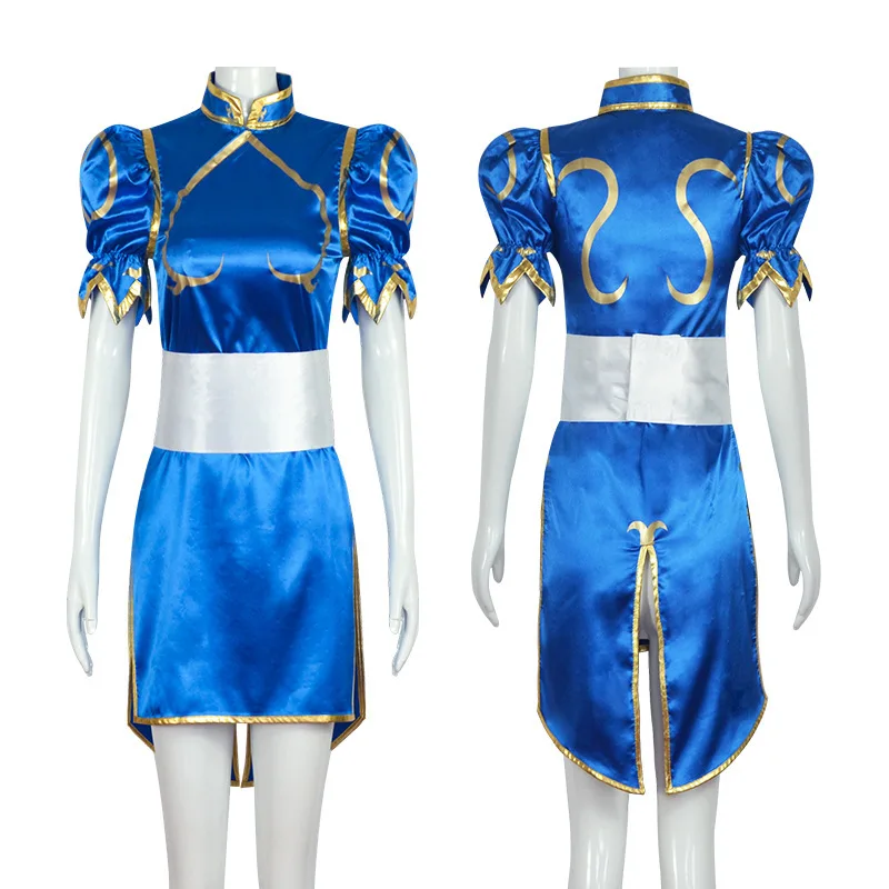 Hot Spring Li Role Playing Costume Game SF Spring Li Role Performance Blue Cheongsam Set Full Set Jackie Chan Kung Fu Halloween