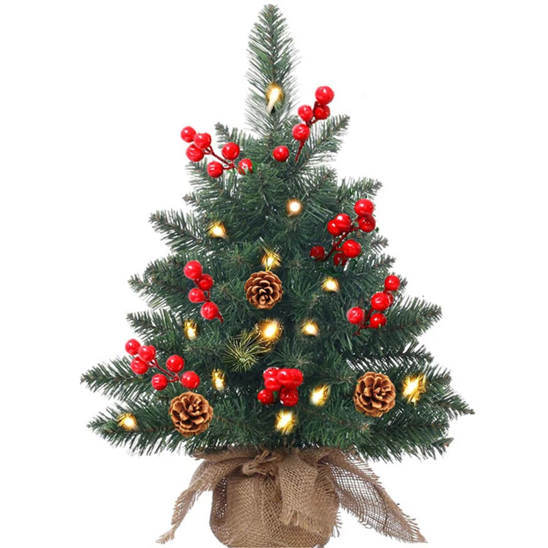 Mini Artificial Christmas Pine Tree with LED Light and Cloth Bag Base Christmas Decorations for Fireplace, Home Decor Indoor