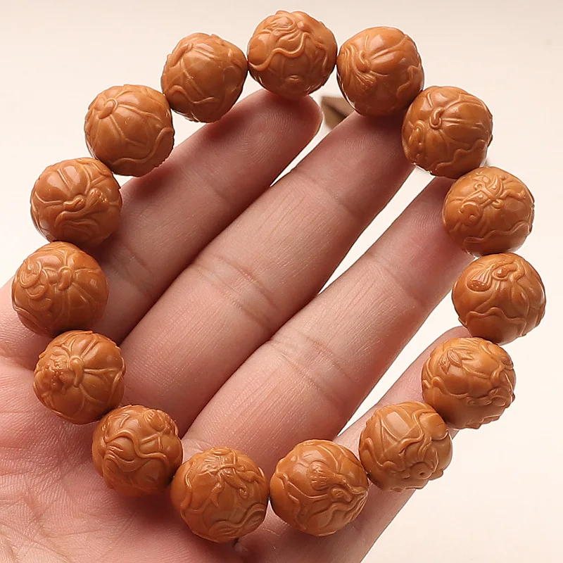 Natural Carved Free Maitreya Short Round Monkey Head Peach Pit Bracelet Lotus Leaf Maitreya Buddha Wristband for Men Gifts