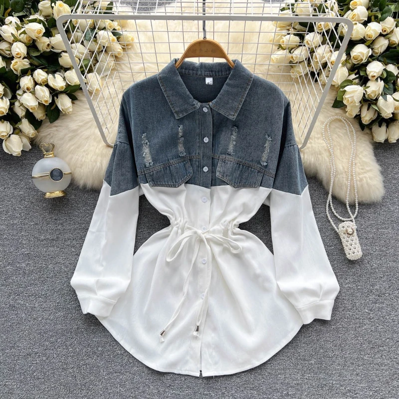 

Elegant Turn Down Collar Contrast Color Denim Patchwork Blouse Single-breasted Drawstring 2025 Loose Casual Mini Shirt Dress