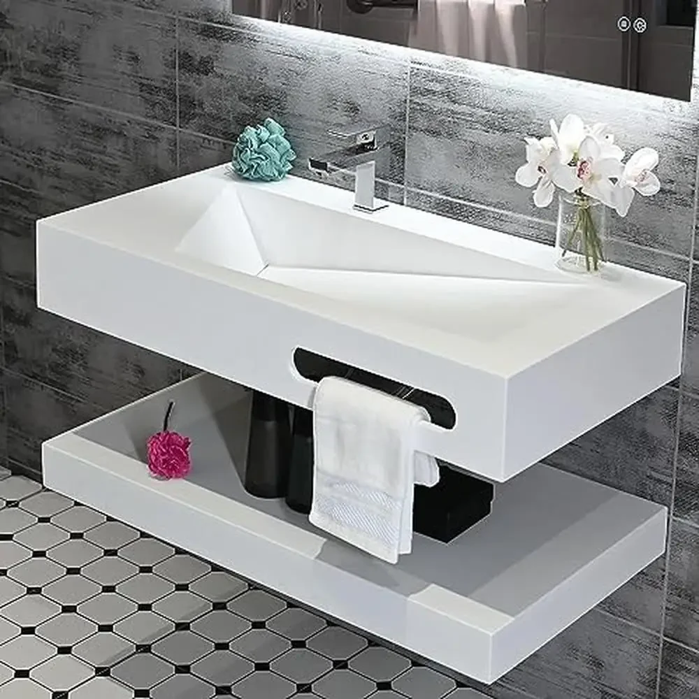 Modern Rectangular Wall Mounted Bathroom Vanity Sink Combo Stone Resin White Shelf Kit