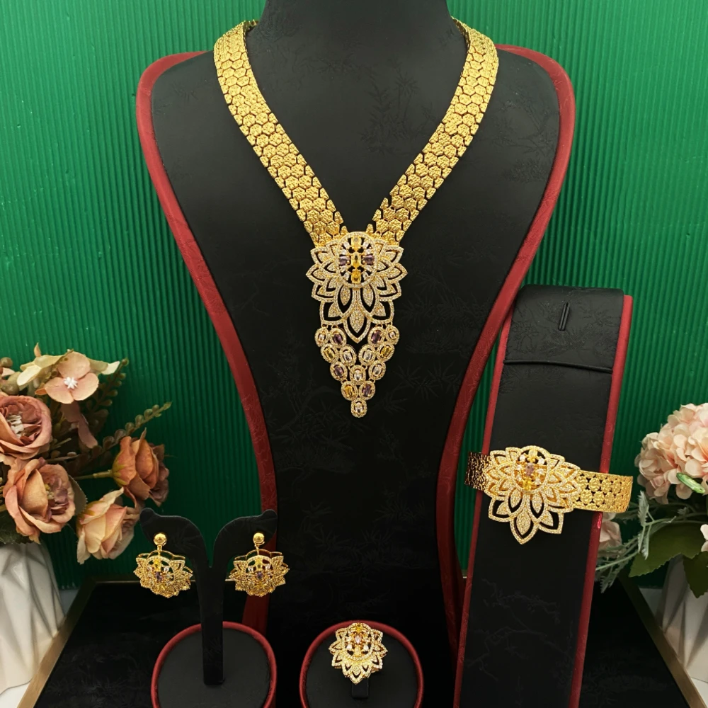 

Falair Luxurious Gold-Plated Copper Zirconia Dubai Women's Bracelet Ring Necklace Earrings Set Sparkling Imitation Jewelry