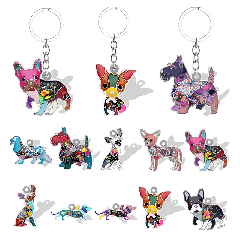 Lovely Chihuahua Resin Keyrings Golden Retriever Epoxy Pendants Dobermann Papillon Corgi Schnauzer 2D Dogs Trinket QDW146