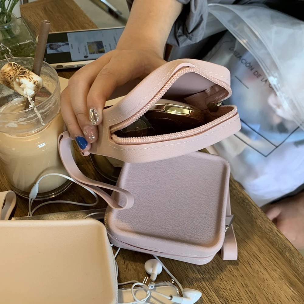 Mini bolso cuadrado con diseño de cremallera para mujer, bolsa de cosméticos versátil de Color sólido suave de estilo coreano, monedero, bolso de moda Simple