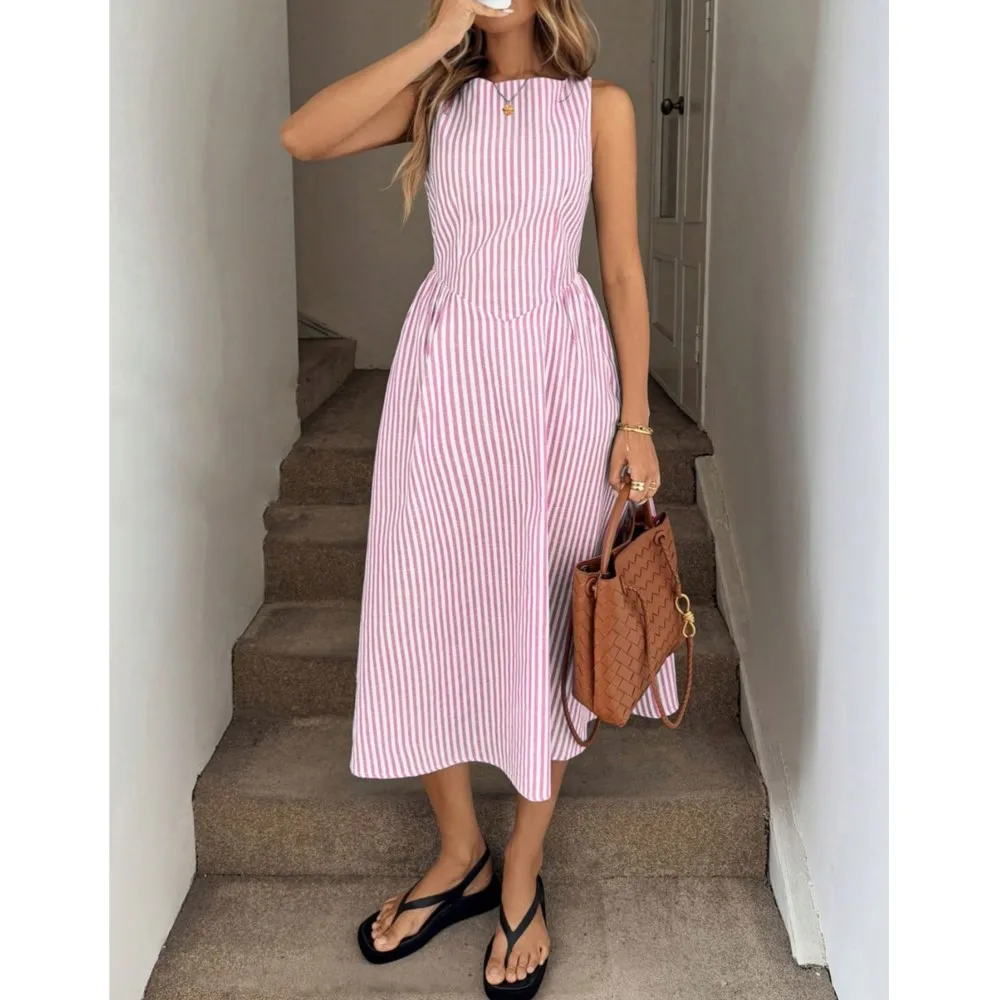 Summer New Sleeveless Vertical Striped Casual Vacation Women's Dresses 2026 Fashion Elegant Swing Elegant Female Long Dress