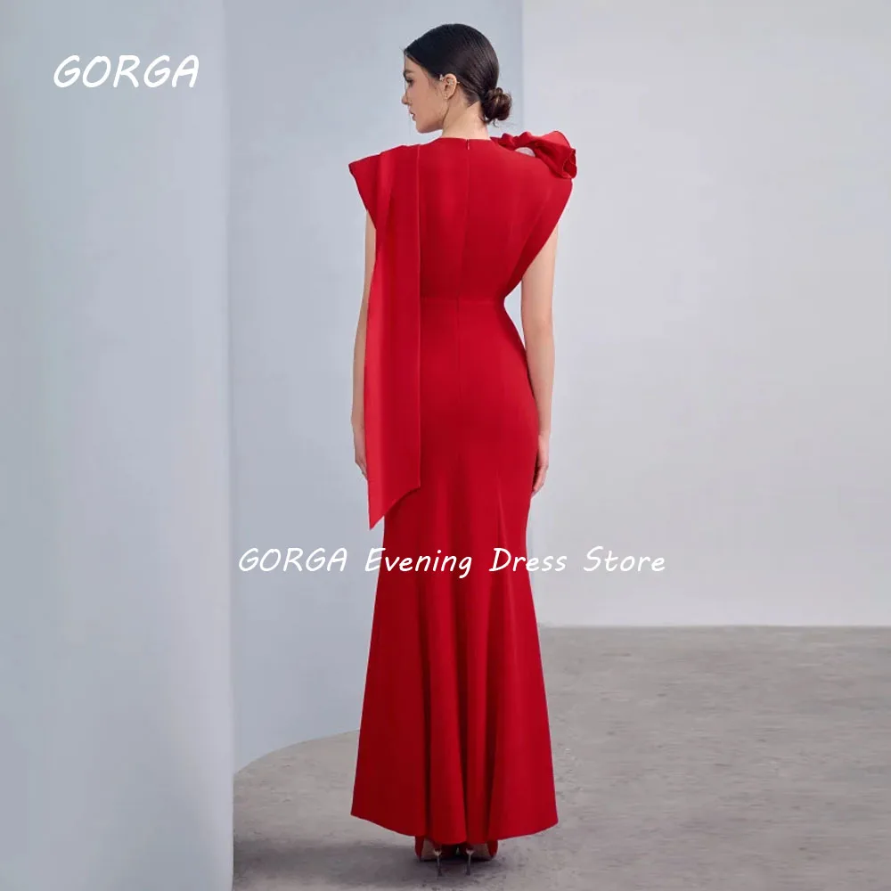 GORGA Red O-Neck 3D Flowers Crepe Mermaid 2024 Slim Short Sleeves Ocassion Gown Ankle-Length Formal Evening Dress