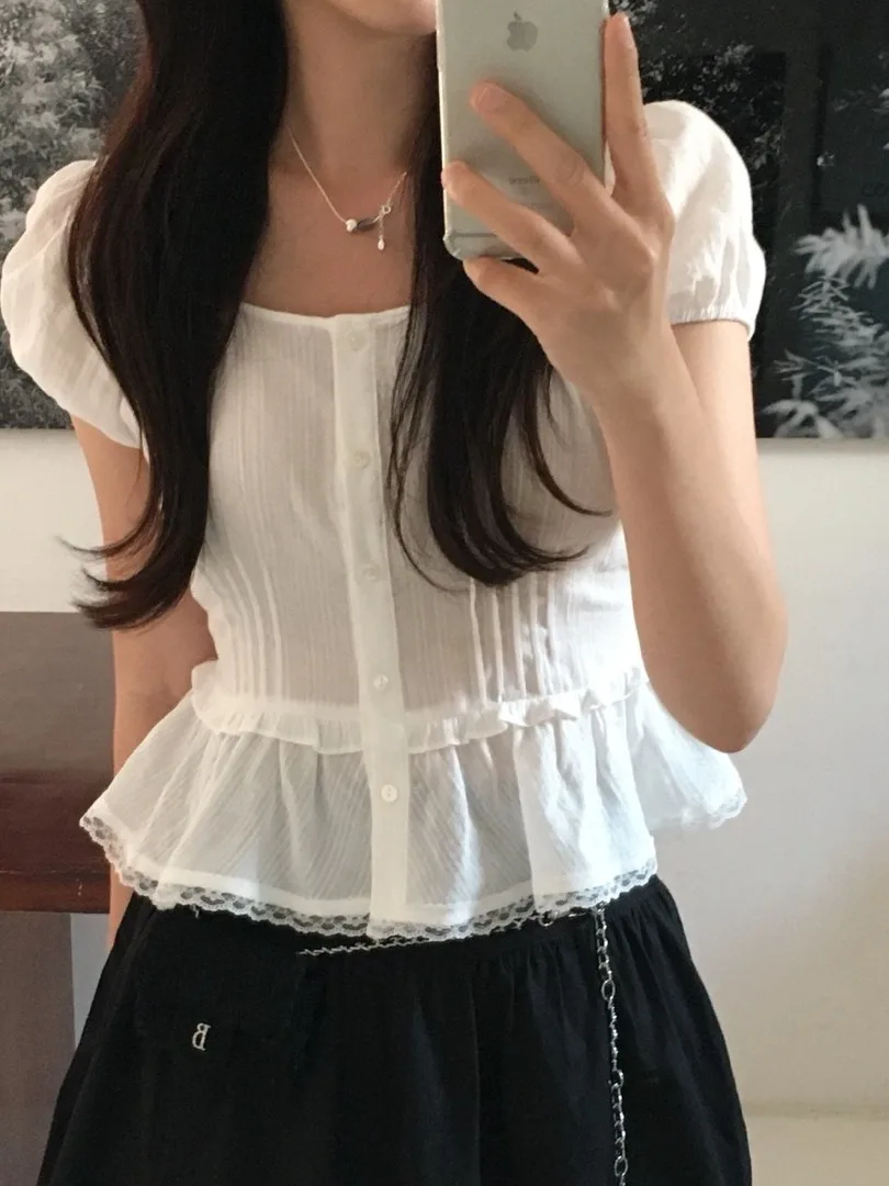 

Chic Women's ort Sve irt Summer Faion Square Collar Single Button Ruffle Splice Waist Cinch Top Commute Sle Bubble...