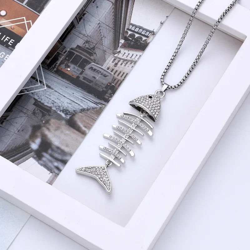 Creative Design Fish-Shaped Fishbone Pendant Necklace Hip Hop Gothic Style Male Pendant Necklace Punk Bohemian Jewelry Gift