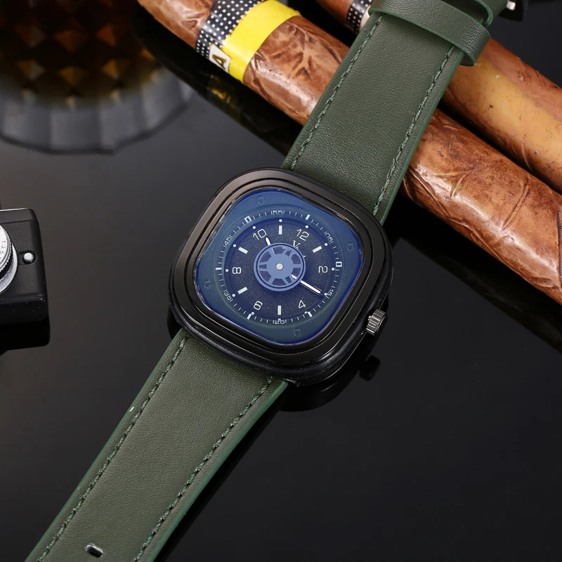 V6 V0291 Men Square Quartz Watch Fashion Green Black Military Sports Creative Leather Strap Wristwatches for Male Boy Clock