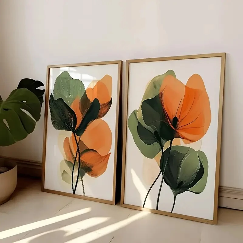 

2pcs/Set Green Orange Abstract Plant Flower Retro Poster Wall Art Canvas Modern Living Room Bedroom Aesthetic Home Decoration