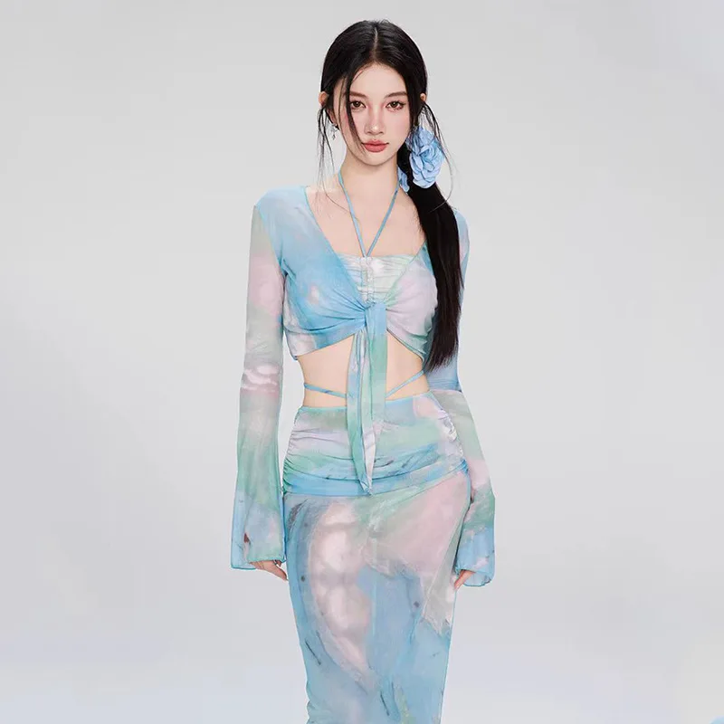 

2025 Spring Sexy Long Sleeve Tie-Dye Bikini Set Women's Swimsuit Four Piece Slim Cover Belly Beach Vacation Swimming Costume