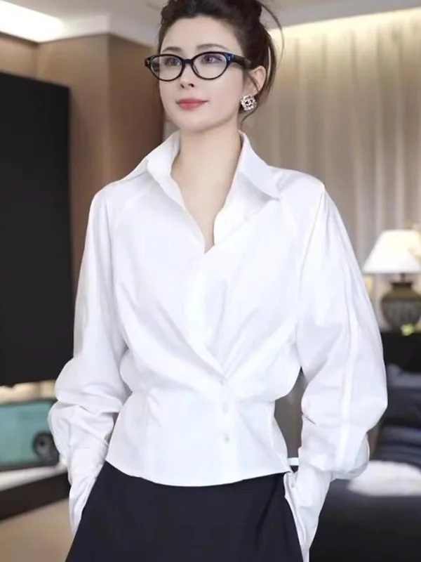 

Ele White Long Sve Women's irt Faionable mat Sle Premium Feeling Age-Defng Trendy Spring Autumn Top