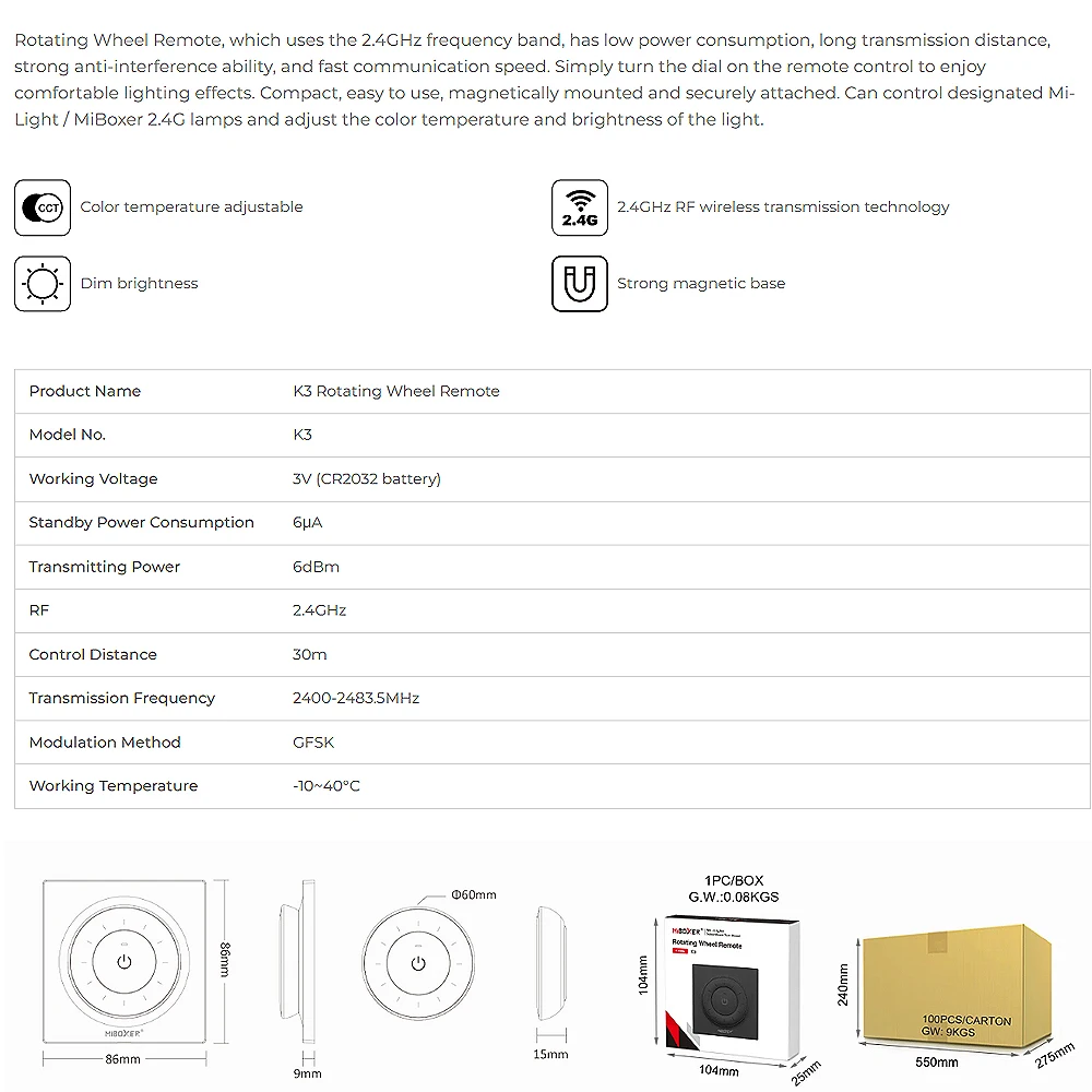 MiBoxer K3 2.4G Rotating Wheel Remote Color Temperature Panel Remote Control Adjustable Dimmer Wireless for Lamps/Controllers