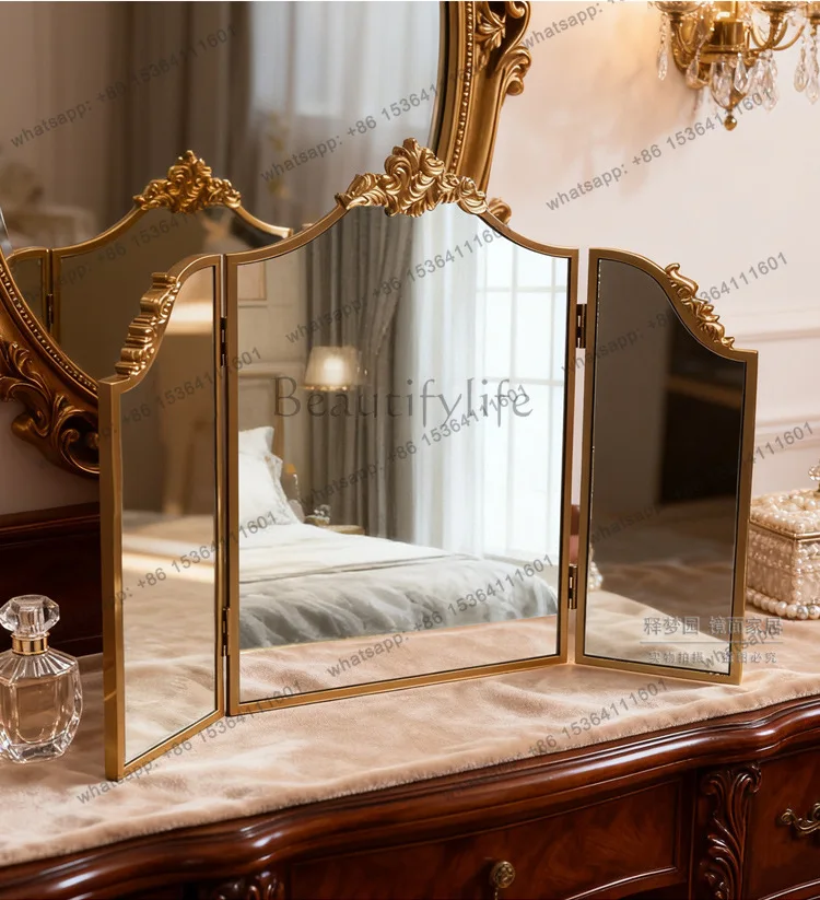 8European retro three-dimensional carved tri-fold mirror