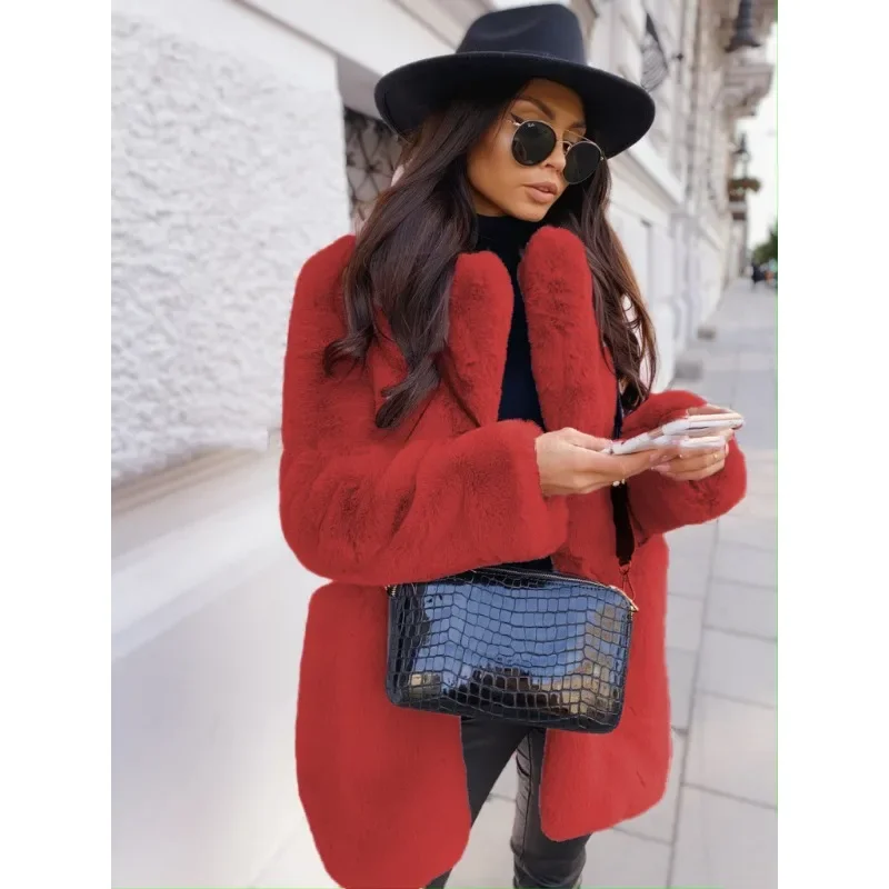 Europese Amerikaanse Temperament Commuter Lange Mouw Revers Imitatie Bontjas Effen Kleur Warm Plus Size Overjas Faux Bontjas