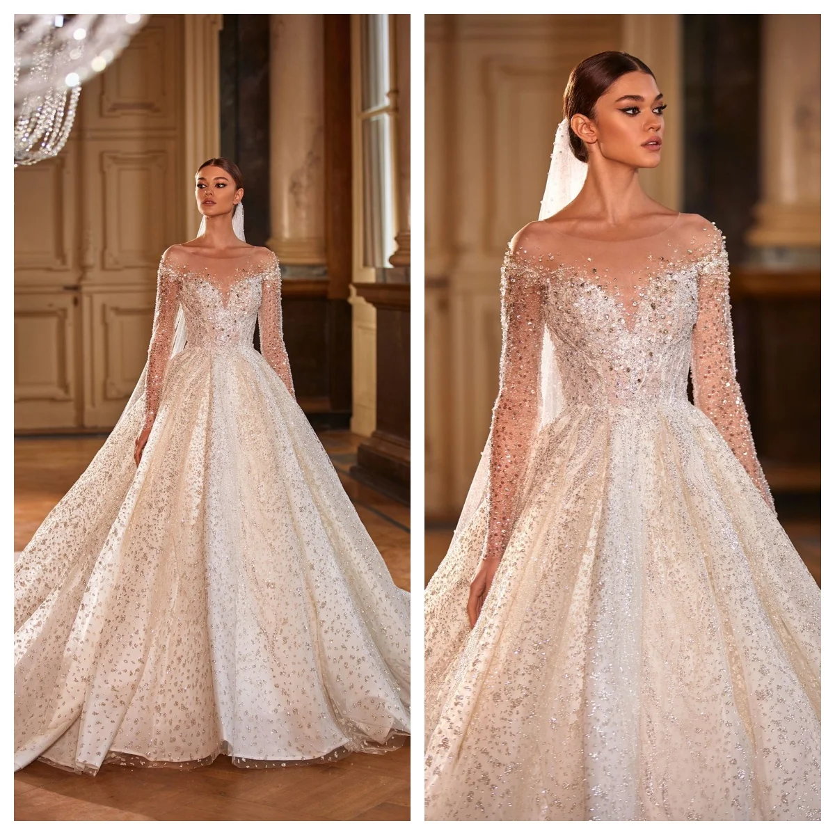 

Gorgeous Ball Gown Wedding Dress Long Sleeve Beading Beading Pearls Tulle Luxury Bridal Gowns Vestidos De Novia Customized