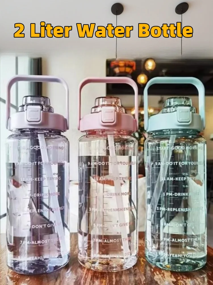 AliExpress 2 Liter Water Bottle with Straw Female Jug Girls Portable Travel bottles Fitness Bike Cup Summer Cold Water Jug with Time Marker