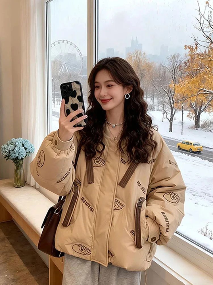 

Slimming Letter Print Design Faionable Winter Cotton Jaet Women's Premium Feel Korean Sle Loose Fit Long Sve Coat