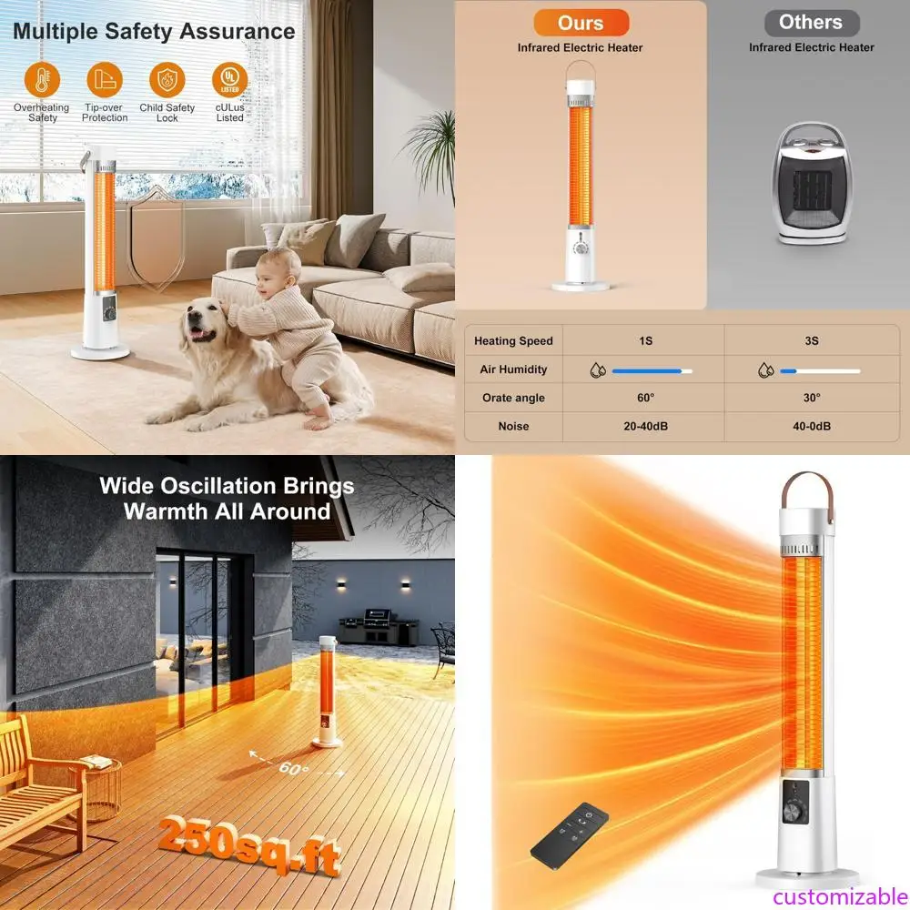 

Инфракрасный электрический обогреватель 1500 Вт для патио на открытом воздухе с дистанционным управлением, осцилляция на 60 градусов, 9-часовой таймер, регулируемые уровня нагрева, a