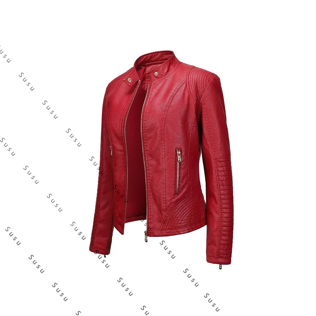 

2025 new supply classic autumn and winter women's pu leather locomotive leather jacket slim leather jacket stand-up collar leath