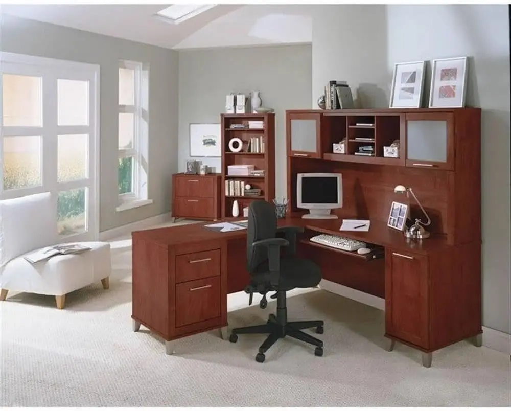 

71" L Shaped Computer Desk with Hutch in Hansen Cherry office desk desks desk table office furniture