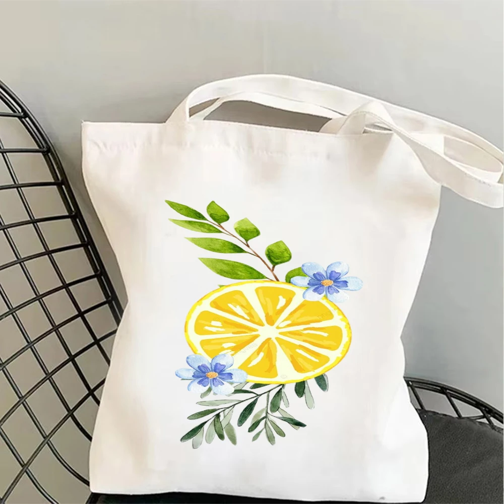 Watercolor Lemon Slice And Blue Flower Canvas Tote Bag Handbags for Daily Shopping,Commute,Travel,school