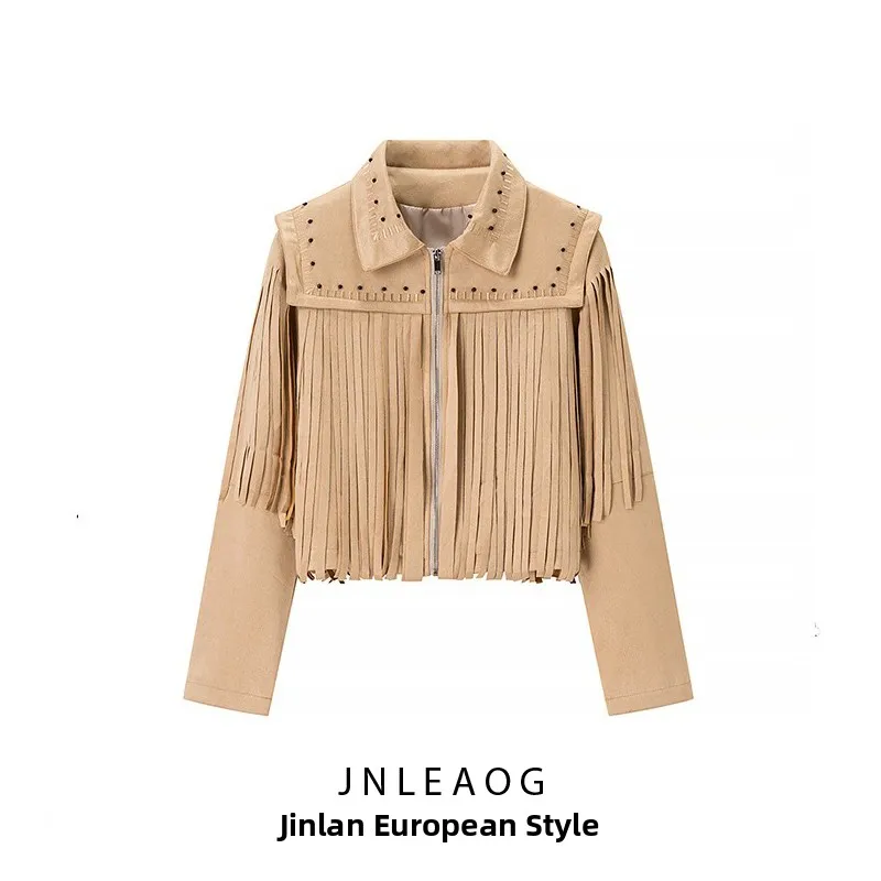 JNLEAOG Women's Autumn New Design Tassel Suede PU Jaet Coat Straight Cut Long Sve Zipper Closure Pure Color Faionable