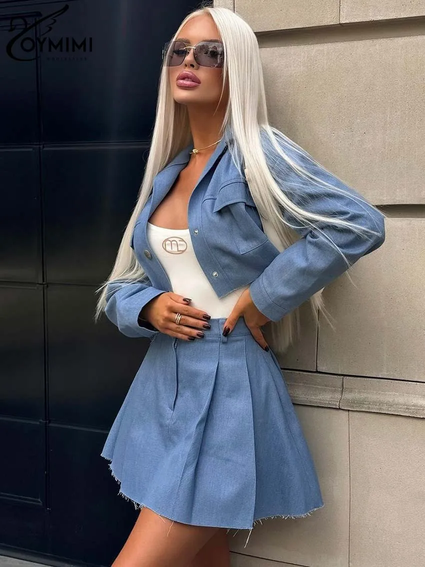 Oymimi Fashion Blue Denim Women Two Piece Set Elegant Long Sleeve Pockets Crop Shirts And High Waisted Button Mini Skirts Sets