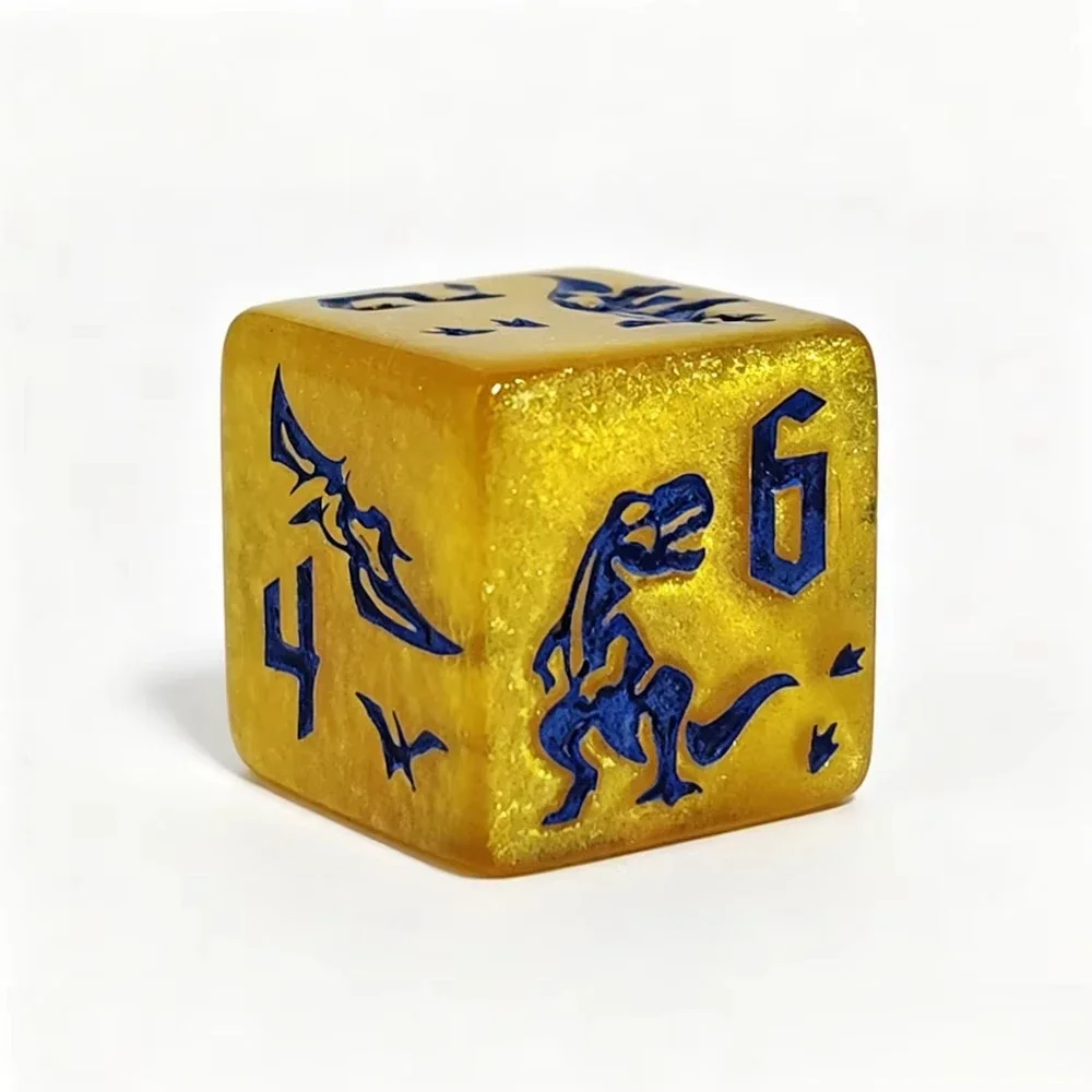 7Pcs Jurassic Gold Dinosaur Dice Set Yellow Engraved with Blue Ink Miniature Home Decor Ornament for Shelf Desk Micro Scene
