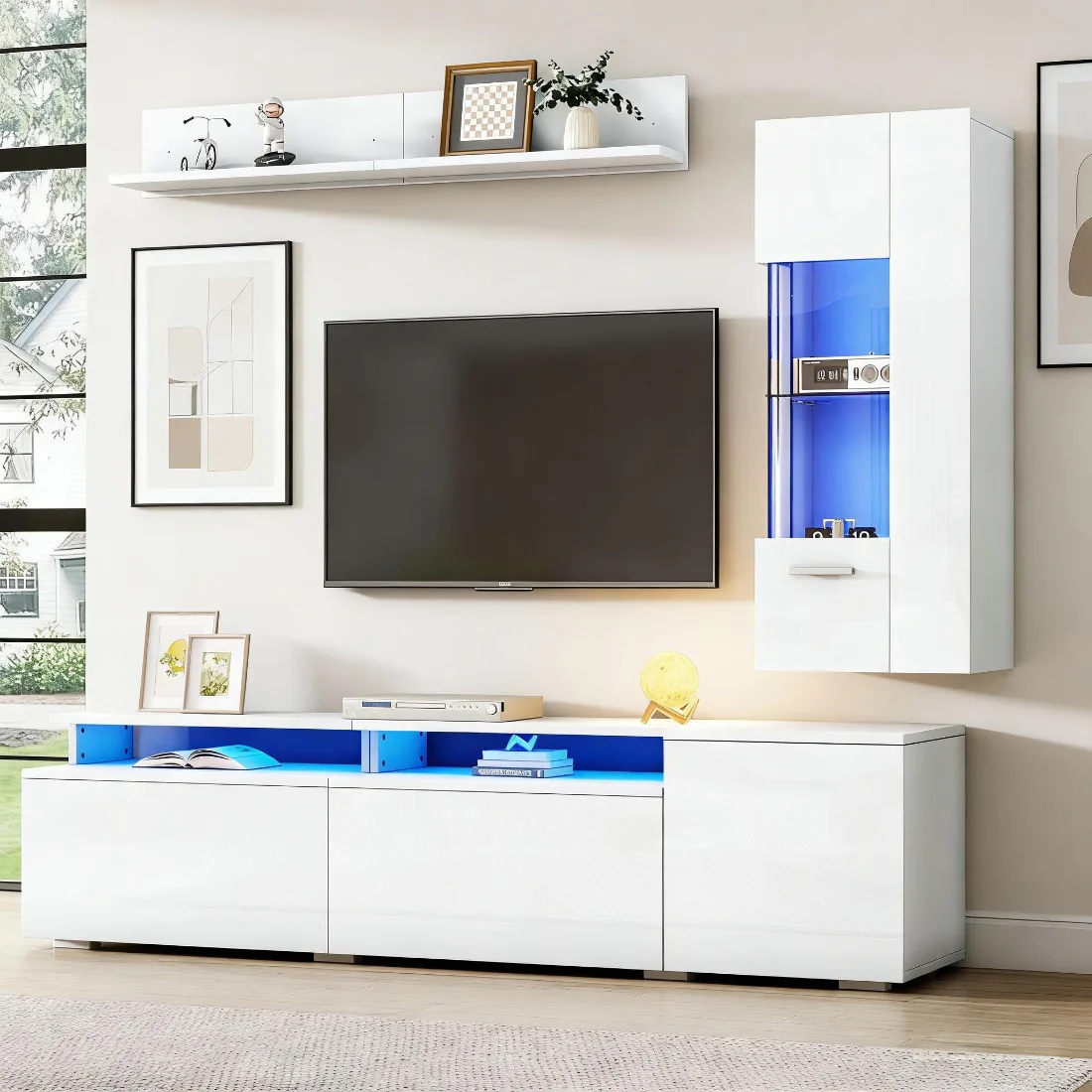 Ensemble de meubles muraux pour téléviseur LED 3 pièces blanc brillant – Meubles de salon : meuble TV, vitrine et étagère flottante – Convient aux téléviseurs jusqu'à 80 pouces – Gain de place avec éclairage LED – MDF robuste, montage facile – Design moderne et élégant