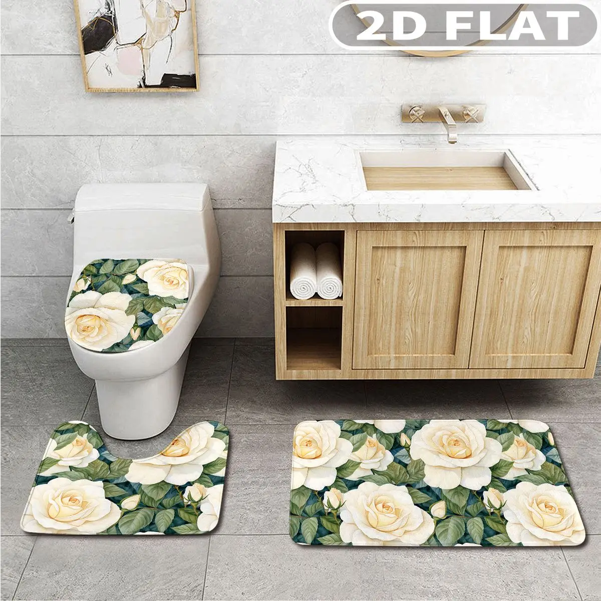 

3pcs Bathroom Rug Set White Roses Green Leaves Print 3pcs Bath Mats Set for Bathroom Non-Slip Cover Mat
