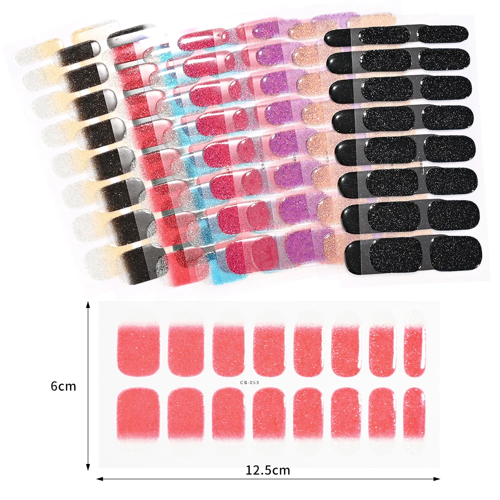 16Tips UV Semi-Cured Gel Nail Art Stickers Glitter High-Gloss Water-Proof Polish Wraps Full Cover Manicure Press On Nails Patch