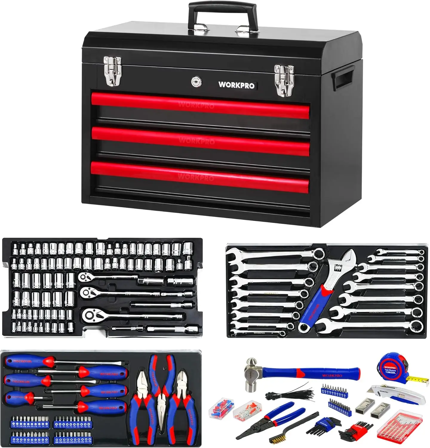 408-Piece Mechanics Tool Set General Household Home Repair Tool Kit with 3-Drawer Heavy Duty Metal Box Hand Tool Kit Set 1 Pack