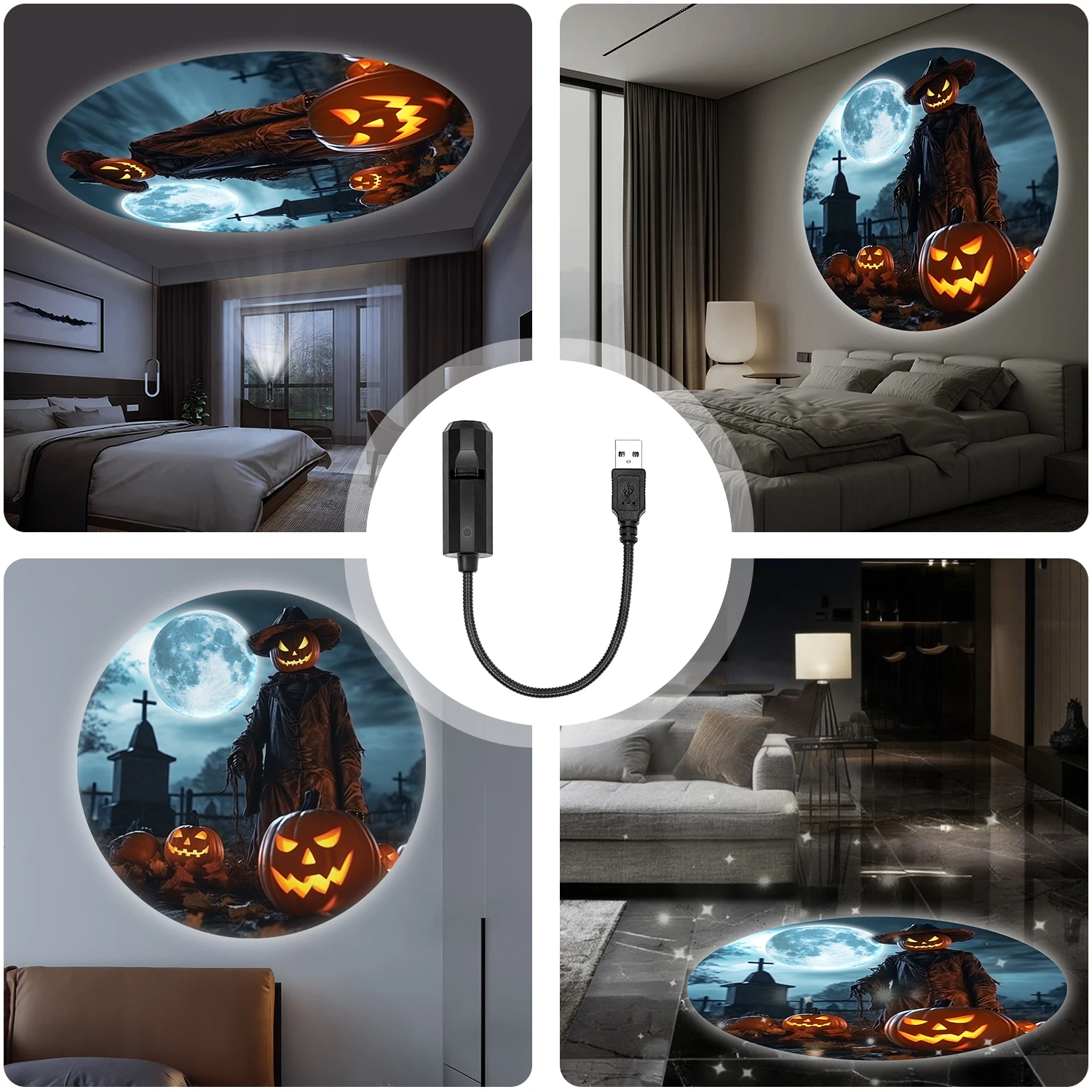 Halloween moon pumpkin projection lamp, multi-angle adjustable rotation, USB interface electronic lamp, Halloween lamp lighting