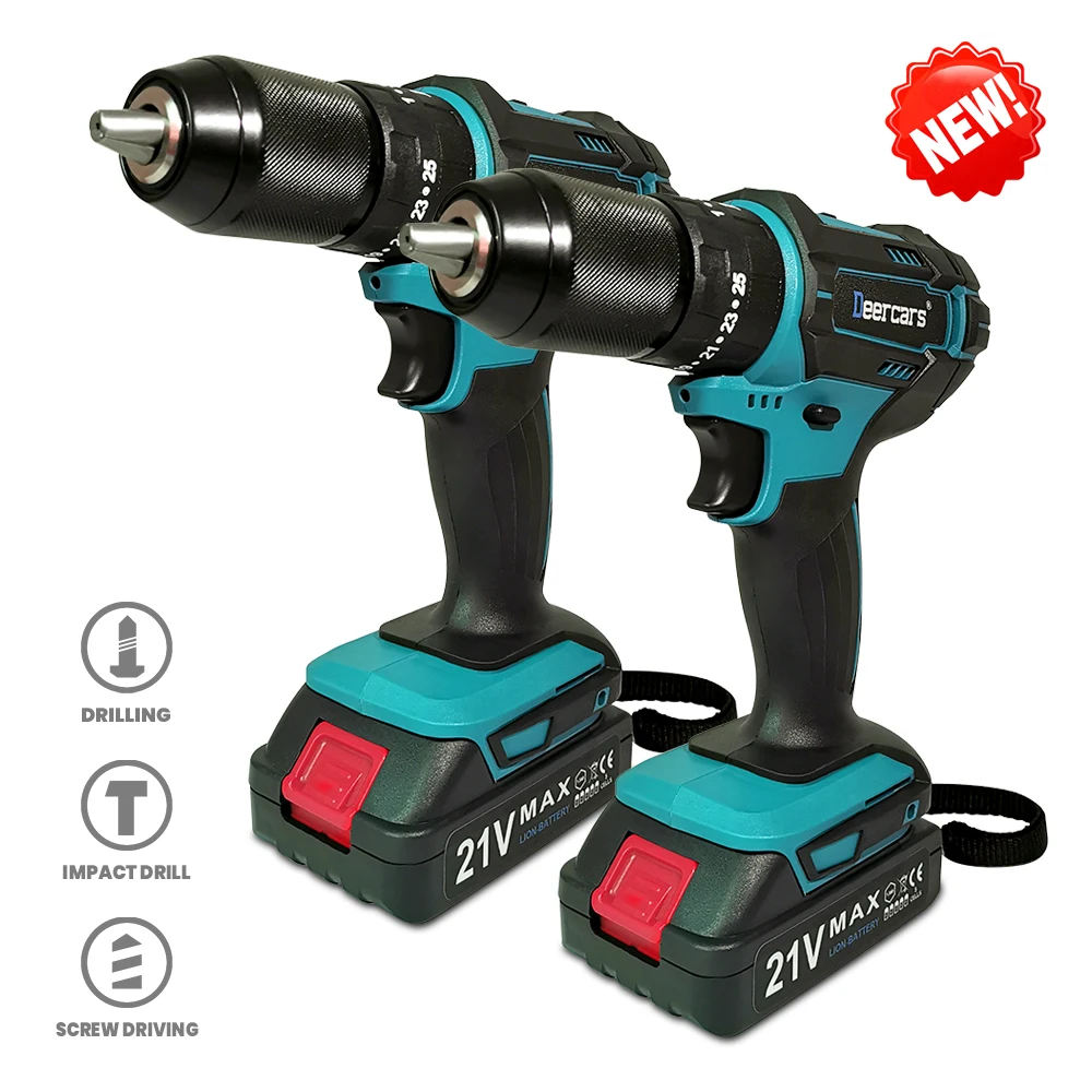 21V Cordless Impact Drill 13mm Wireless Home Electric Screwdriver 3 In One Recharge Power Tools Compatible 18V Lithium Battery