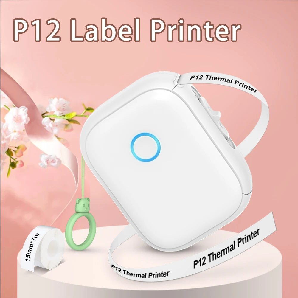 Portable Sticker Printer P12 Wireless Bluetooth Continuous Label Printer Pocket Thermal Label Maker with P12 self-adhesive Tape