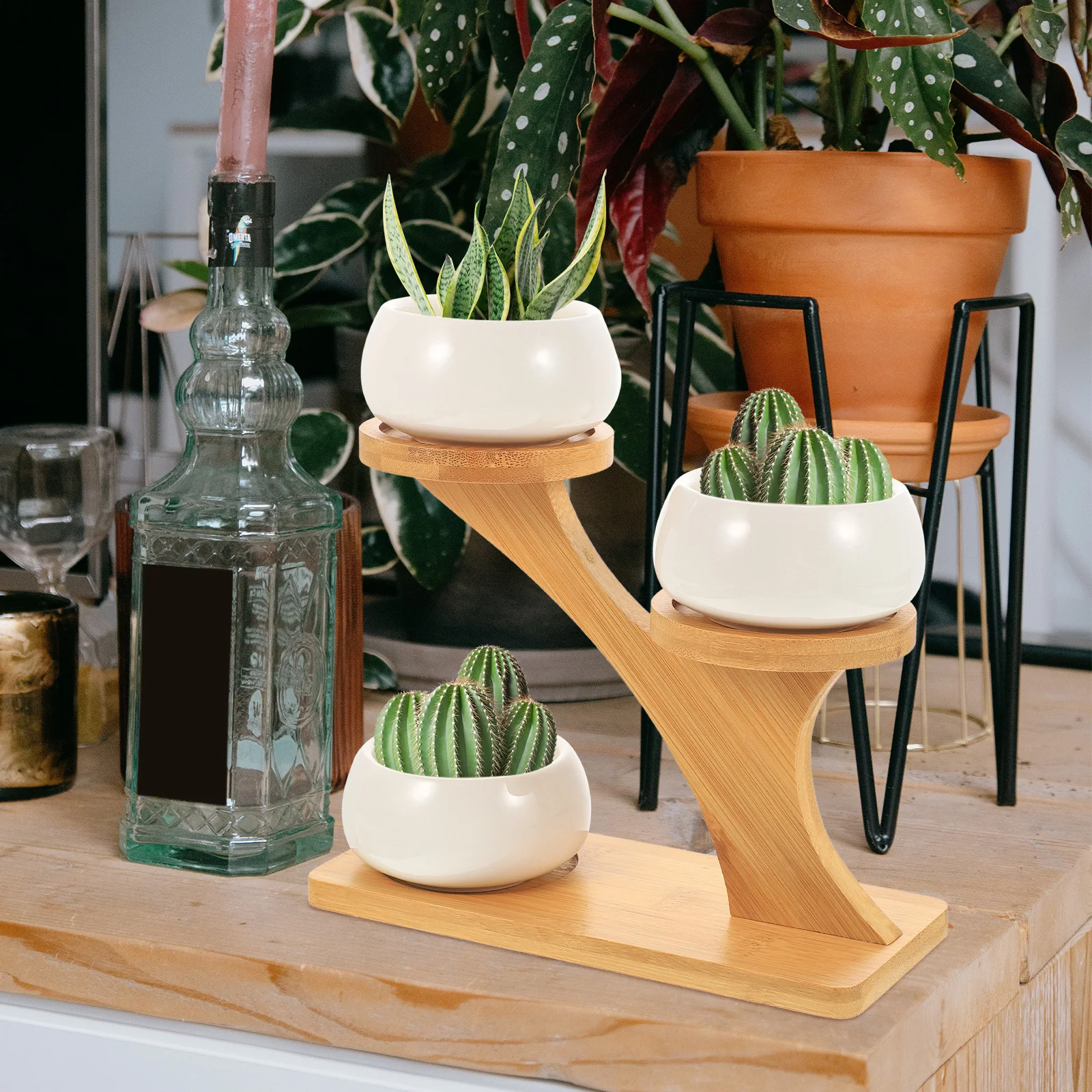 

1Set Ceramic Flower Pot Creative Succulent Planter with Bamboo Rack Decorative Indoor Bonsai Plant Holder for Home Garden Decor