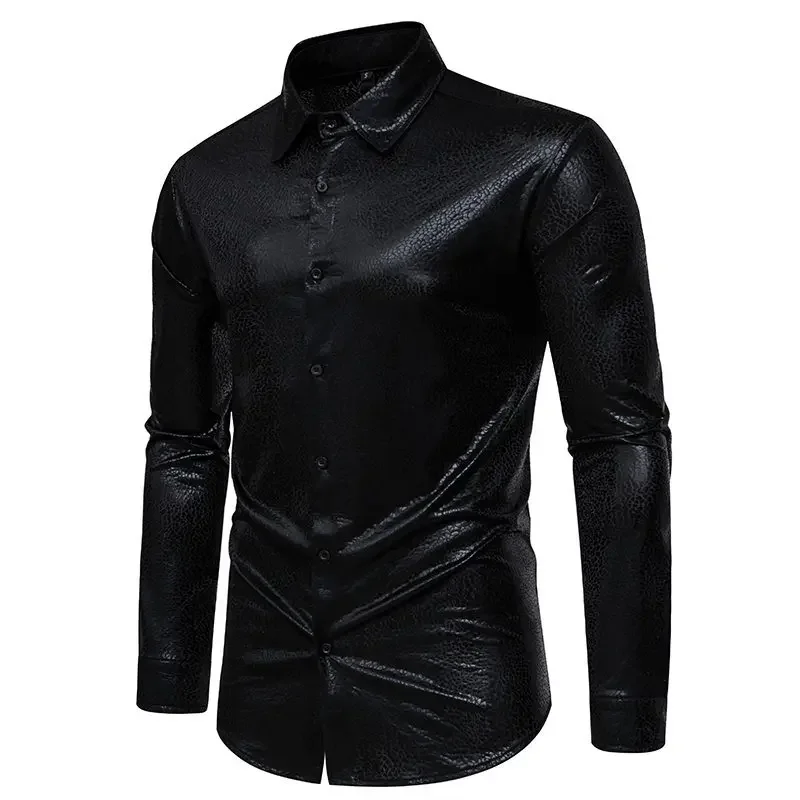 Mode Heren Gouden Shirt Met Lange Mouwen Kleine Stretch Losse Ademende Tops Homme Bruiloft Prom Party Revers Luxe Overhemden