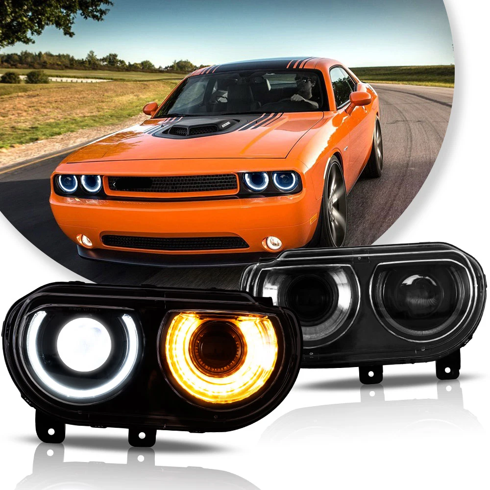 

VLAND Car Headlights Assembly For Dodge Challenger 2008-2014 Head Light Moving Turn Signal Light DRL Dual Beam Lens Colourful