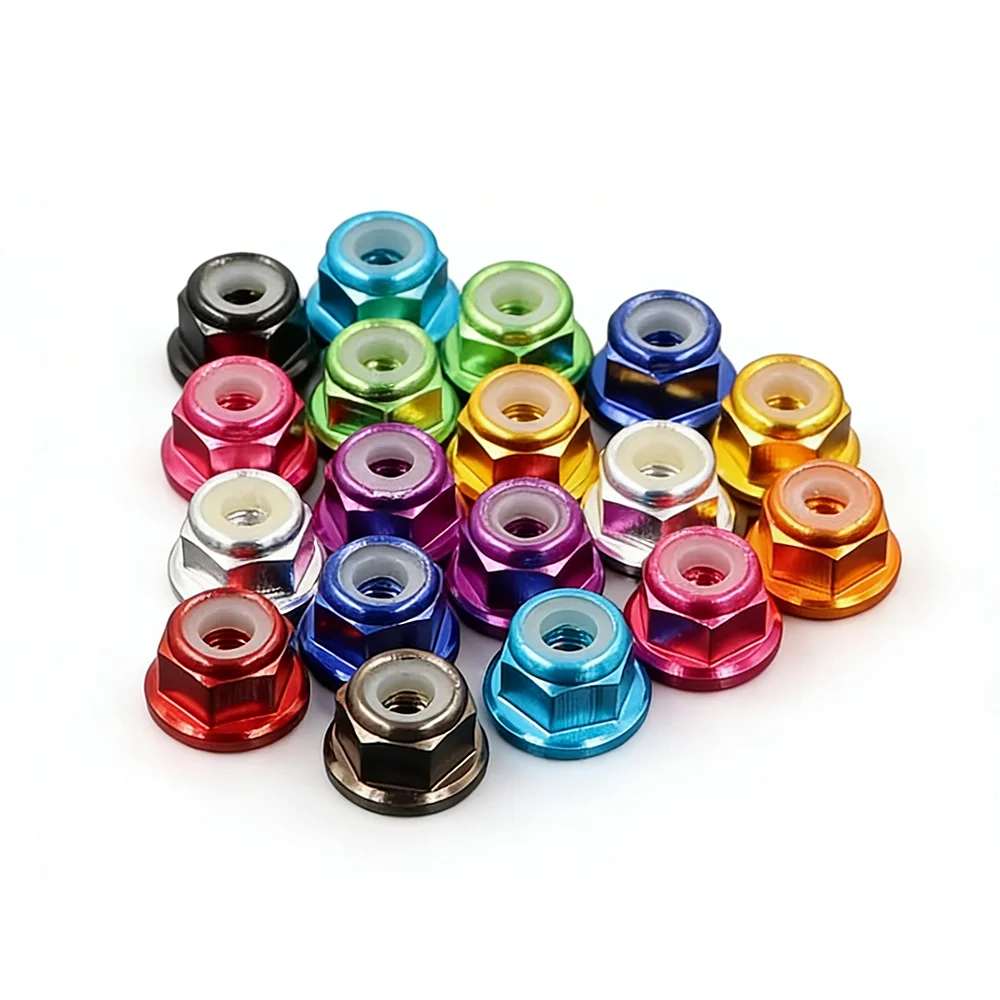 Lot de 10 écrous autobloquants M3 M4 en alliage d'aluminium avec insert en nylon et anneau antidérapant en caoutchouc, 11 couleurs, pour voiture RC SCX10