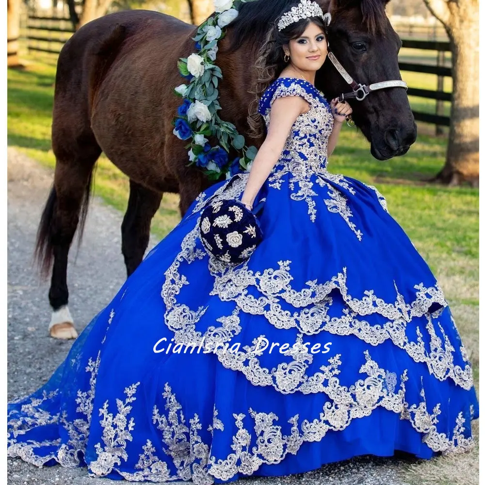 Royal Blue Crystal Beading Ruffles Quinceanera Dresses Ball Gown Off The Shoulder Appliques Lace Corset Vestidos Para XV Años