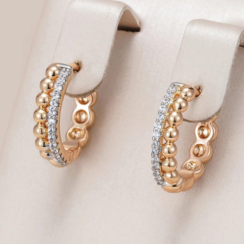 Kinel New Fashion Glossy Bead Natural Zircon Hoop Earrings Women 585 Rose Gold Silver Color Mix Fine Wedding Party Jewelry