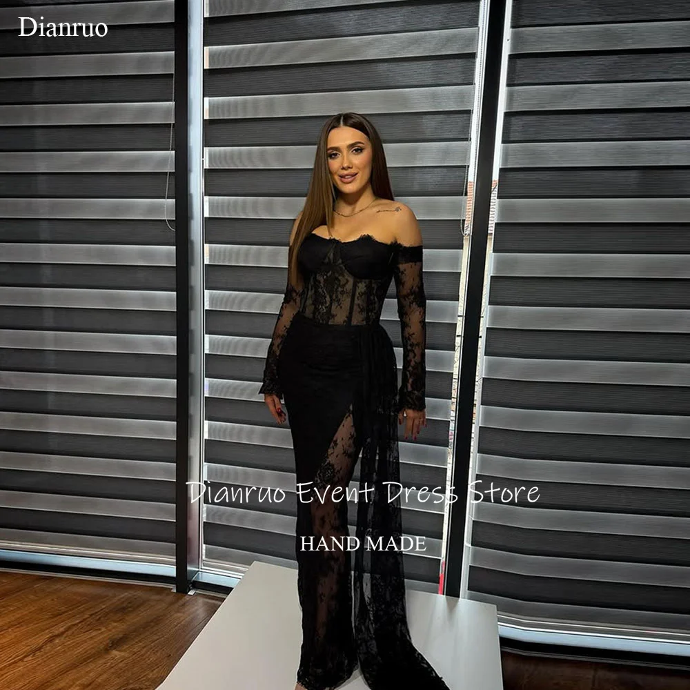 Dianruo Черные вечерние платья русалки с кружевом, украшенные с открытыми плечами, Vestidos Largos, сексуальная иллюзия Abendskleider Damen по индивидуальному заказу