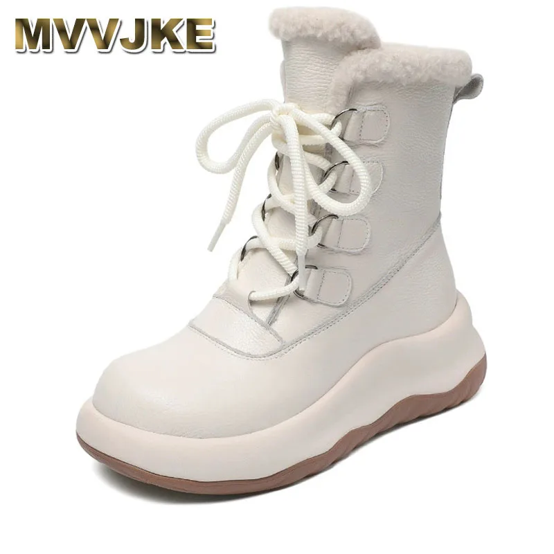 Botas de nieve a la moda para mujer, cuñas inferiores cálidas para invierno, tacón, plataforma gruesa, botas de media pantorrilla de felpa de cuero genuino, color Beige