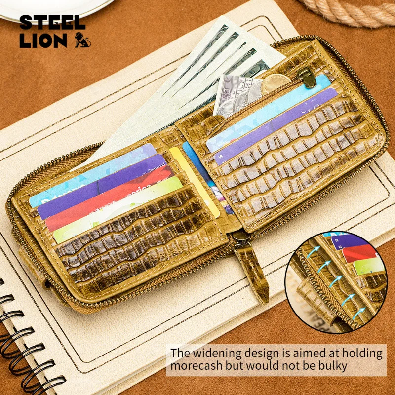Men's real leather alligator zipper wallet horizontal multi - clip thick photo album anti - theft money holder
