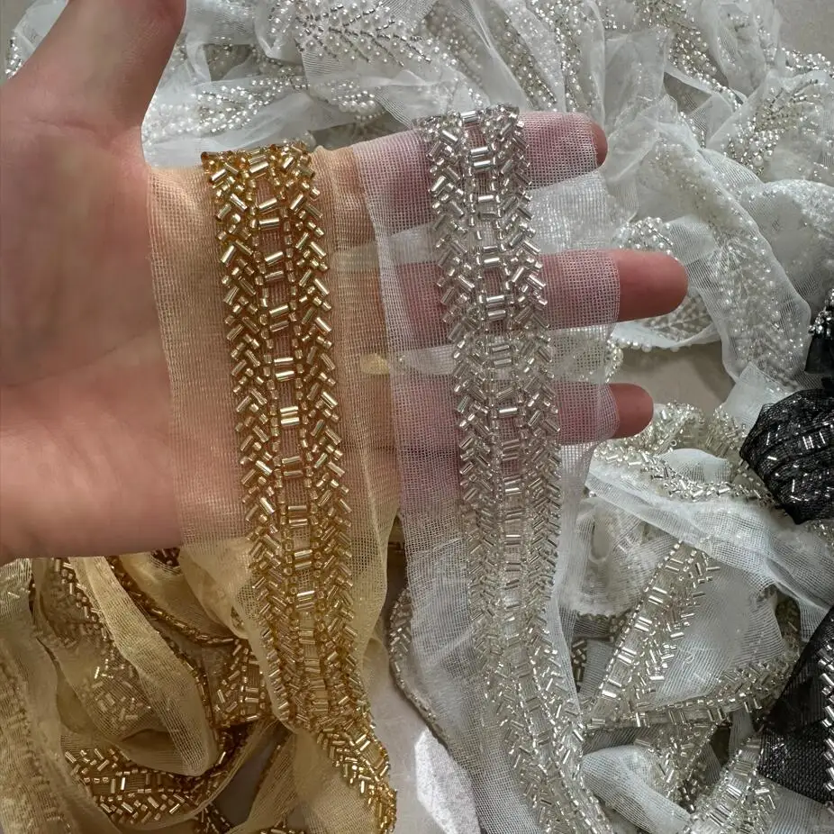 1Yard White Gold Pearl Beaded Lace Fabric Embroidered Lace Ribbon Trim Beaded Leaf Sewing Material Clothing Accessories Wedding