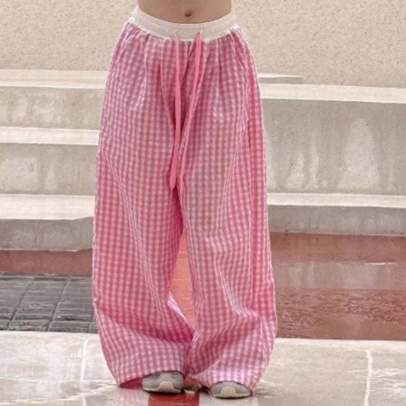

2025 Summer New Girls Pink Plaid Loose Wide Leg Pants Girls Straight Long Pants
