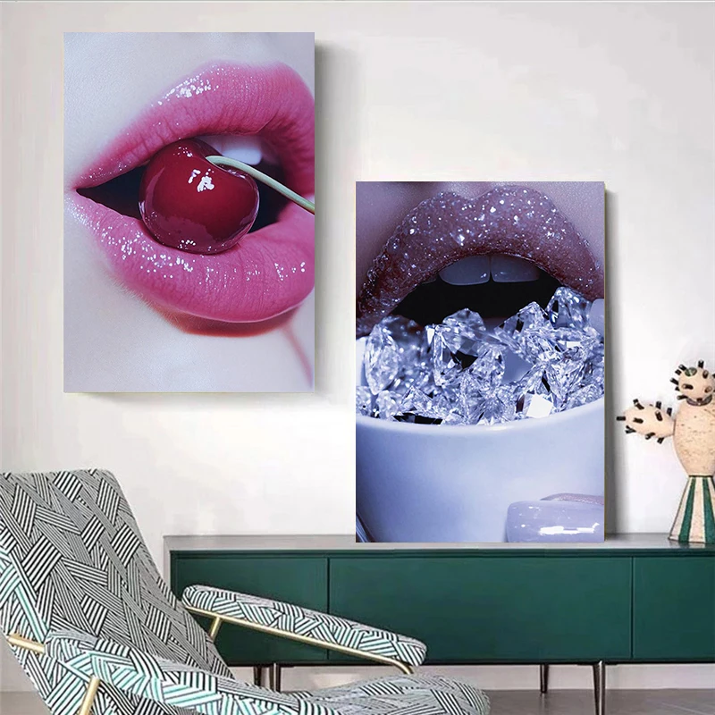 امرأة فاخرة براقة الشفاه الملصقات موضة لامعة الماس الكرز يطبع حائط لوح رسم صور ديكور غرفة المعيشة المنزلي #3
